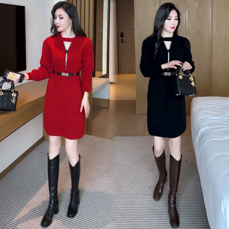 针织连衣裙女士2025秋冬新款时尚洋气中长款V领长袖毛衣打底裙子