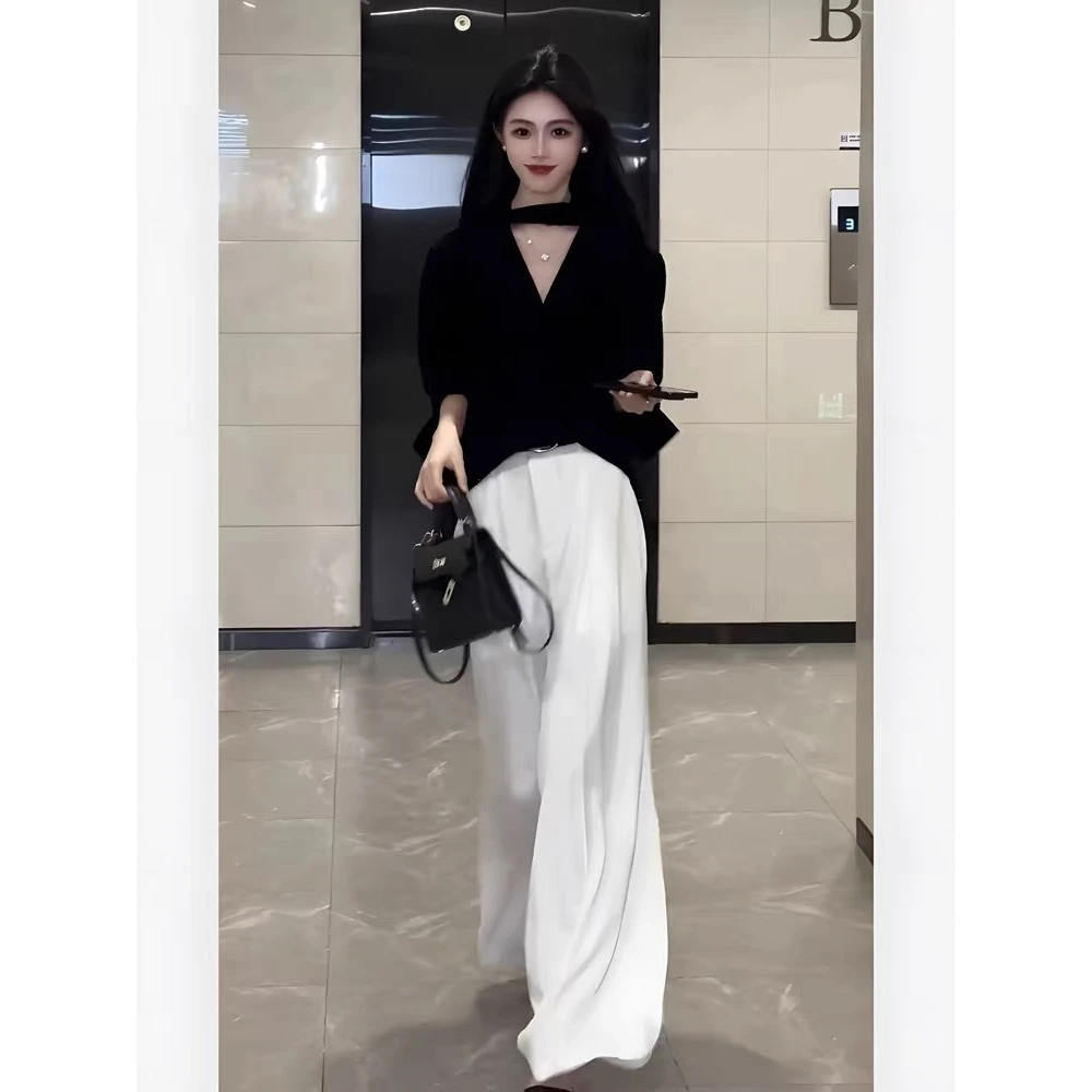 新款轻奢高级感女人味穿搭御姐风黑色防晒衬衫阔腿长裤气质两件套