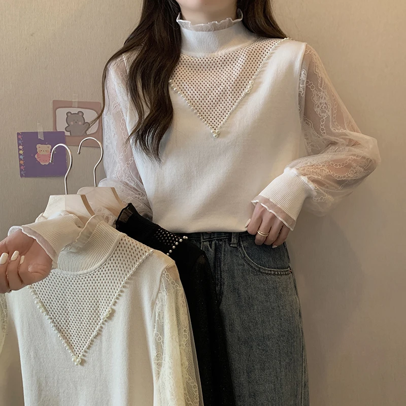 大码女装2024春装新款洋气蕾丝针织衫上衣胖mm宽松百搭毛衣潮8731