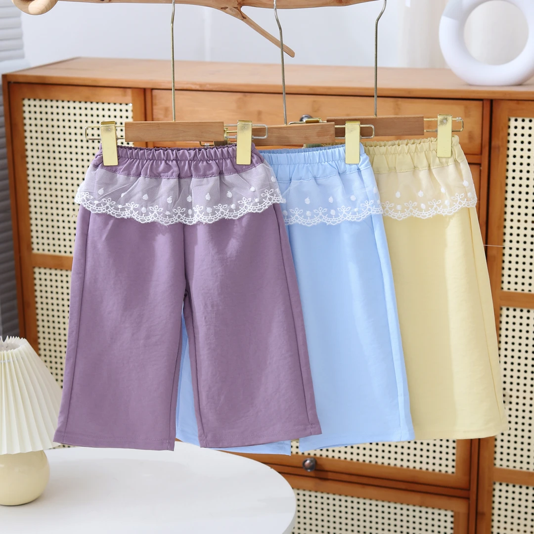 夏季薄款中小童女宝米兰皱蕾丝花边裤宽松时尚甜美百搭九分直筒裤