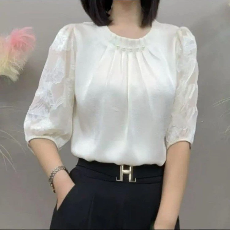 2025夏季新款时尚百搭提花小衫五粒珠子小衫气质显瘦五分袖上衣