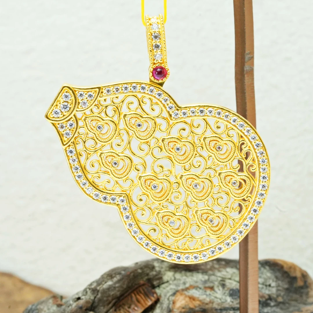 【花丝镂空葫芦-吊坠】足金999【镶嵌款】【黄金首饰】