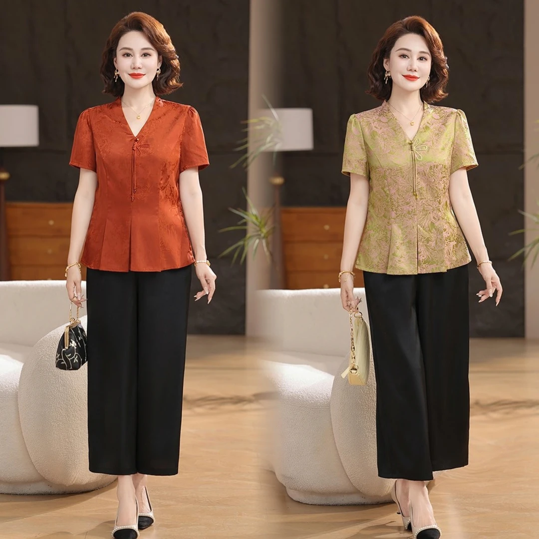 妈妈装夏装中国风休闲别致时髦小衫遮肚显瘦显年轻中年女士裤套装