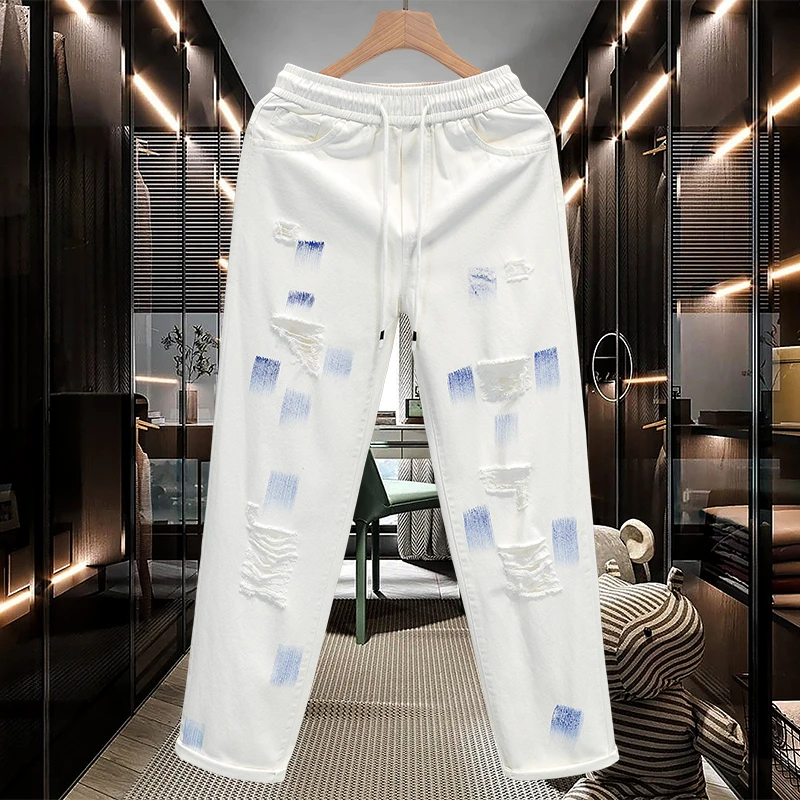 夏季破洞百搭潮流油漆印花破墨休闲裤薄款破洞白色精致韩风直筒裤