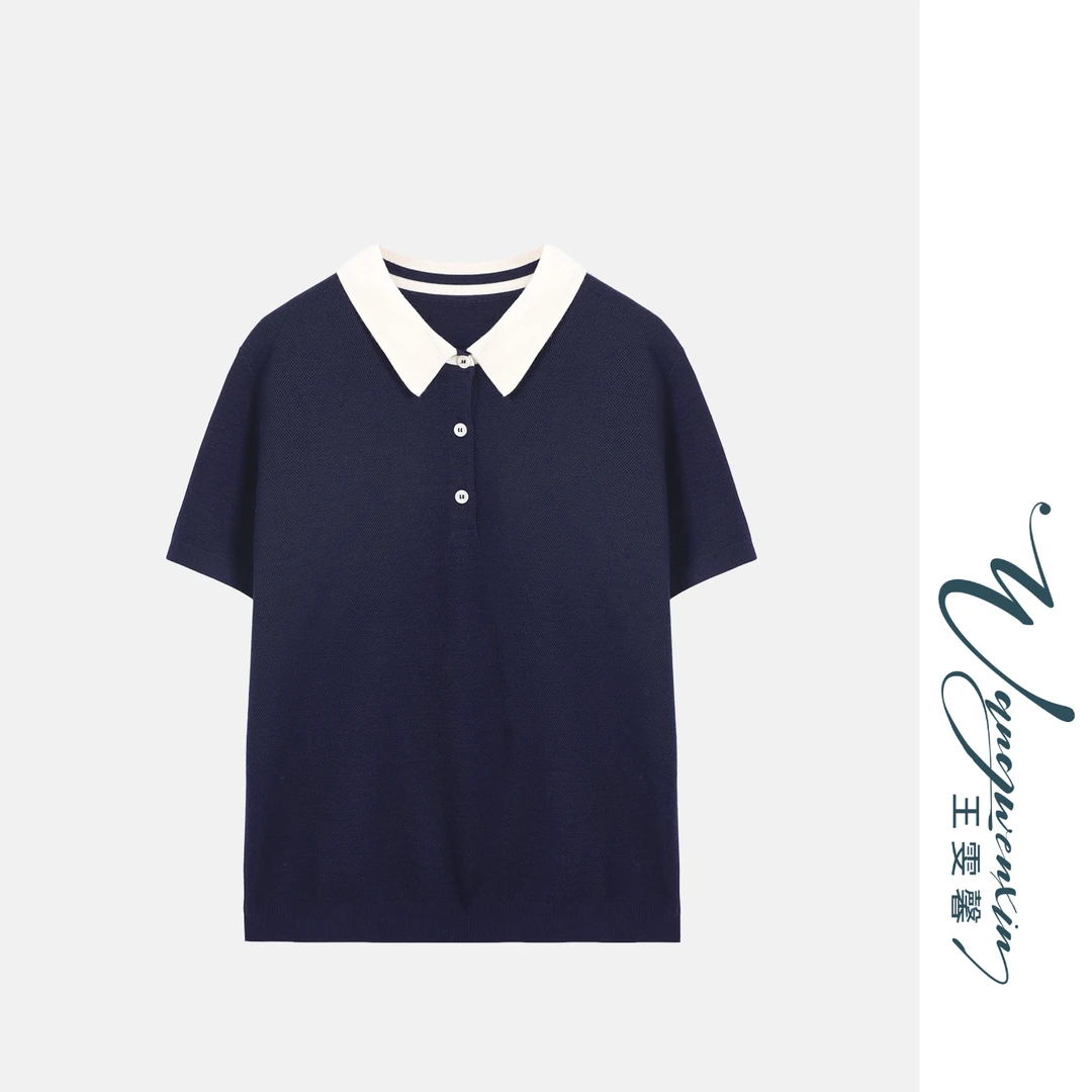 【王雯馨】“圆圆都市”早秋气质休闲百搭撞色POLO领针织短袖上衣