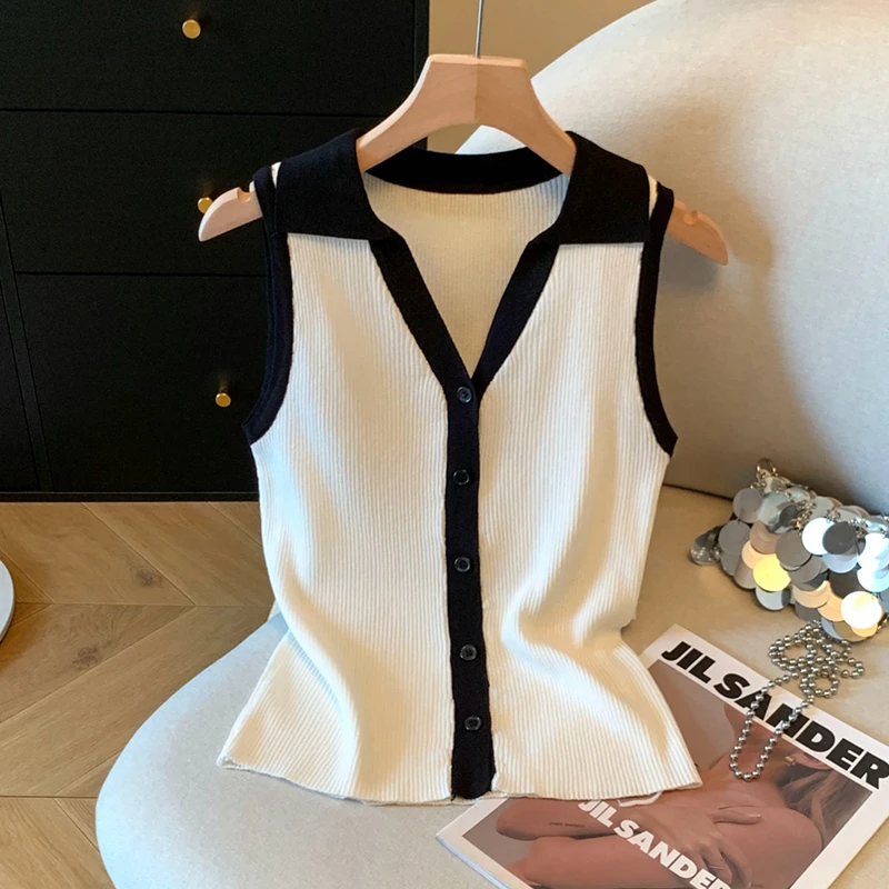 韩版撞色无袖针织背心女2025夏季新款高级感修身显瘦T恤洋气上衣
