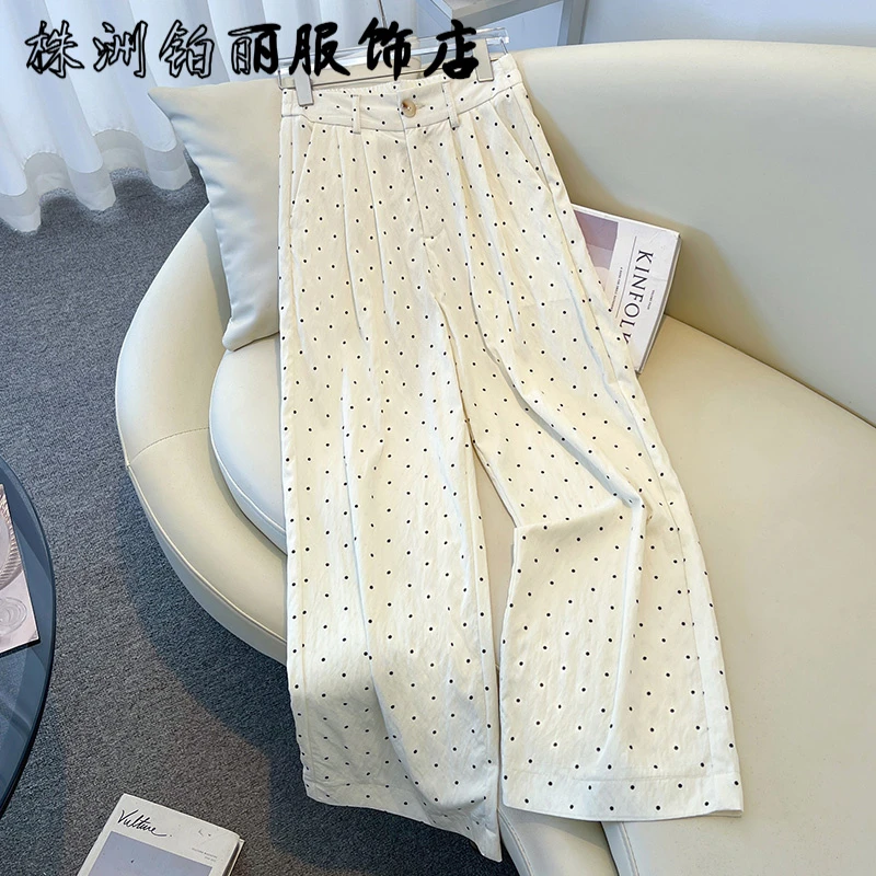 冰丝波点阔腿裤女2025夏季薄款新款九分抖抖宽松黑色休闲直筒裤子