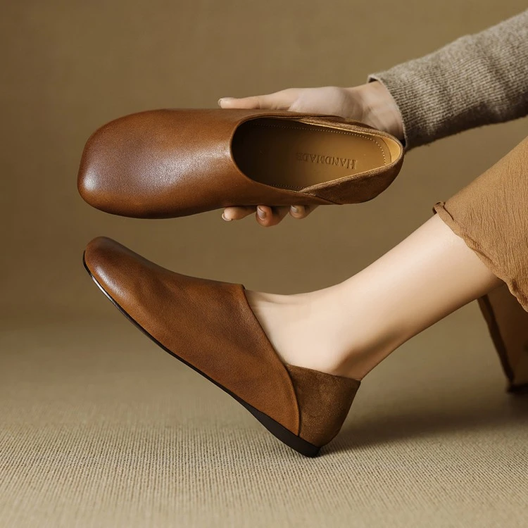 诗宝斐尔法式复古一脚蹬软底奶奶鞋女春秋真皮简约平底单鞋大头鞋