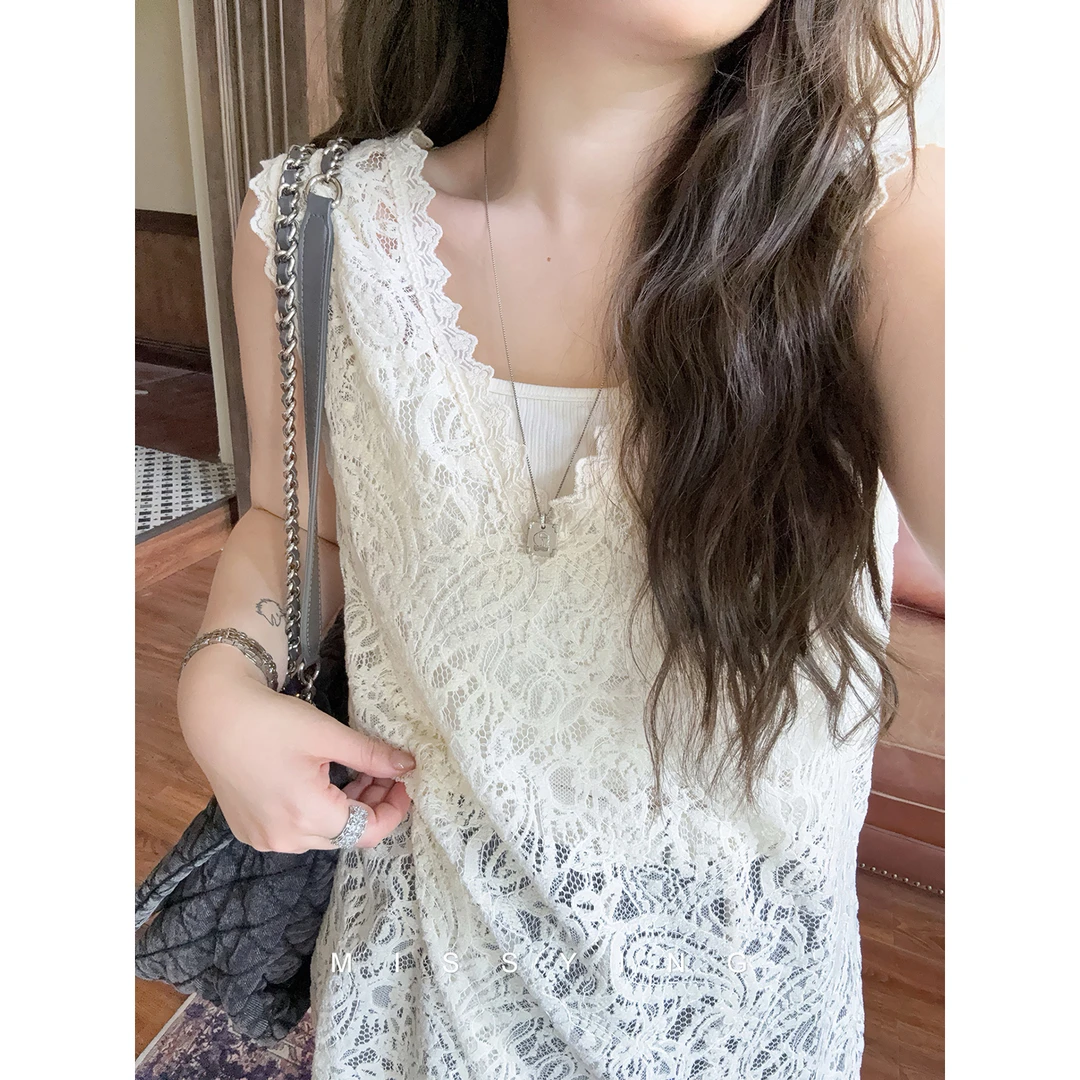 应小姐【百利甜】微胖大码纯色气质显瘦运动百搭打底镂空蕾丝小背心