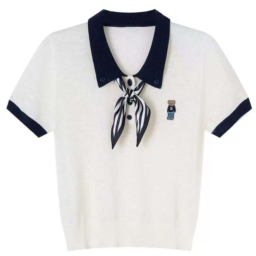 9370 丝巾polo领针织衫女夏短袖t恤百搭宽松带领休闲上衣