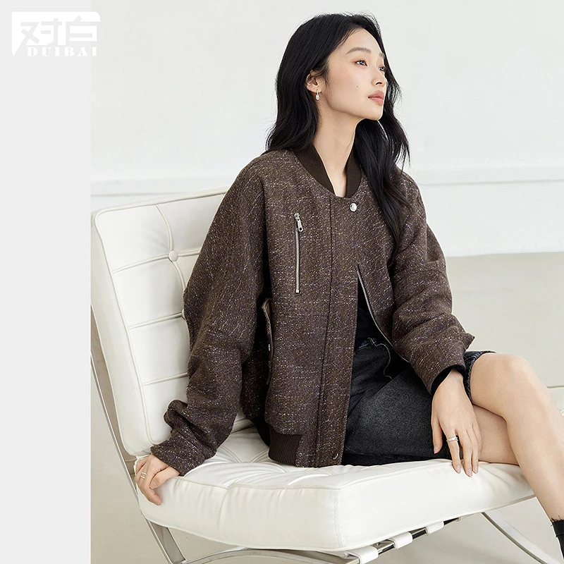 【粉丝专属】D01对白高级感毛呢棒球服外套宽松短款夹克上衣FDW107