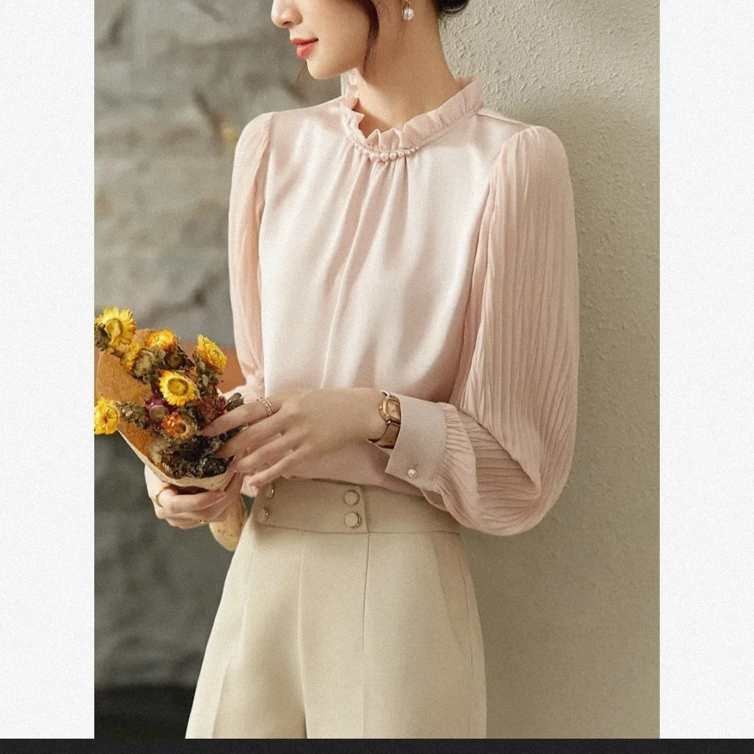 洋气时尚百搭褶皱长袖雪纺衫女士气质打底上衣