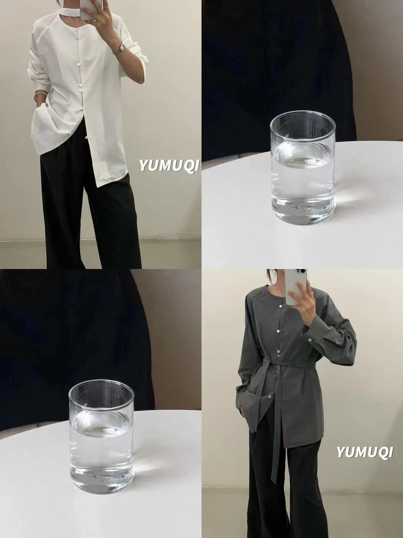 283韩系设计感圆领后绑带设计小衫休闲宽松百搭收腰长袖衬衫