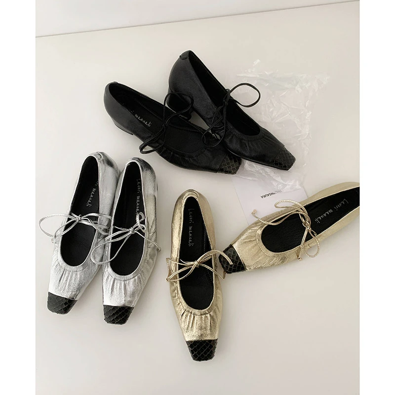 秋季时尚百搭软底浅口气质款一脚蹬银色方头中跟不累脚单鞋推荐