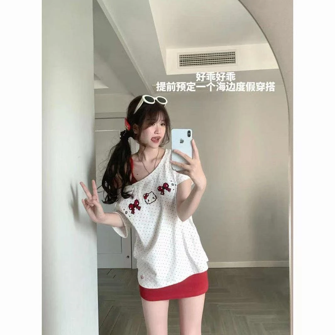 刺绣款波点短袖T恤女日系 kitty夏季纯欲风甜美短款上衣+半身裙