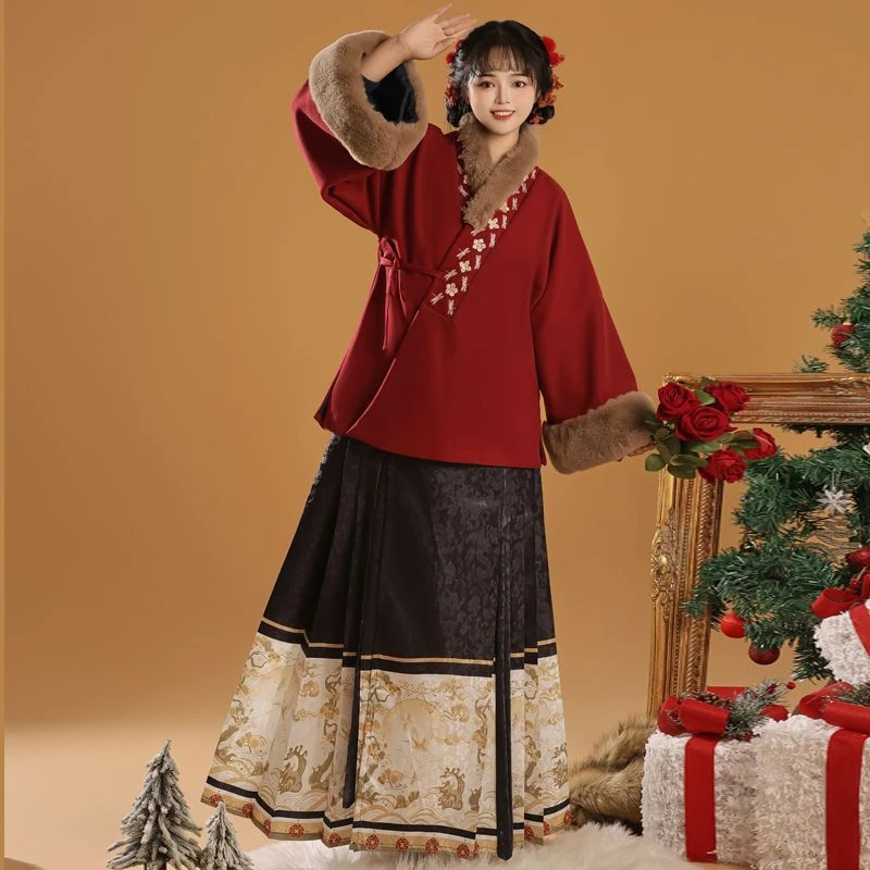 汉晴川原创[暖暖]明制汉服女交领短袄冬款保暖毛呢加厚日常套装