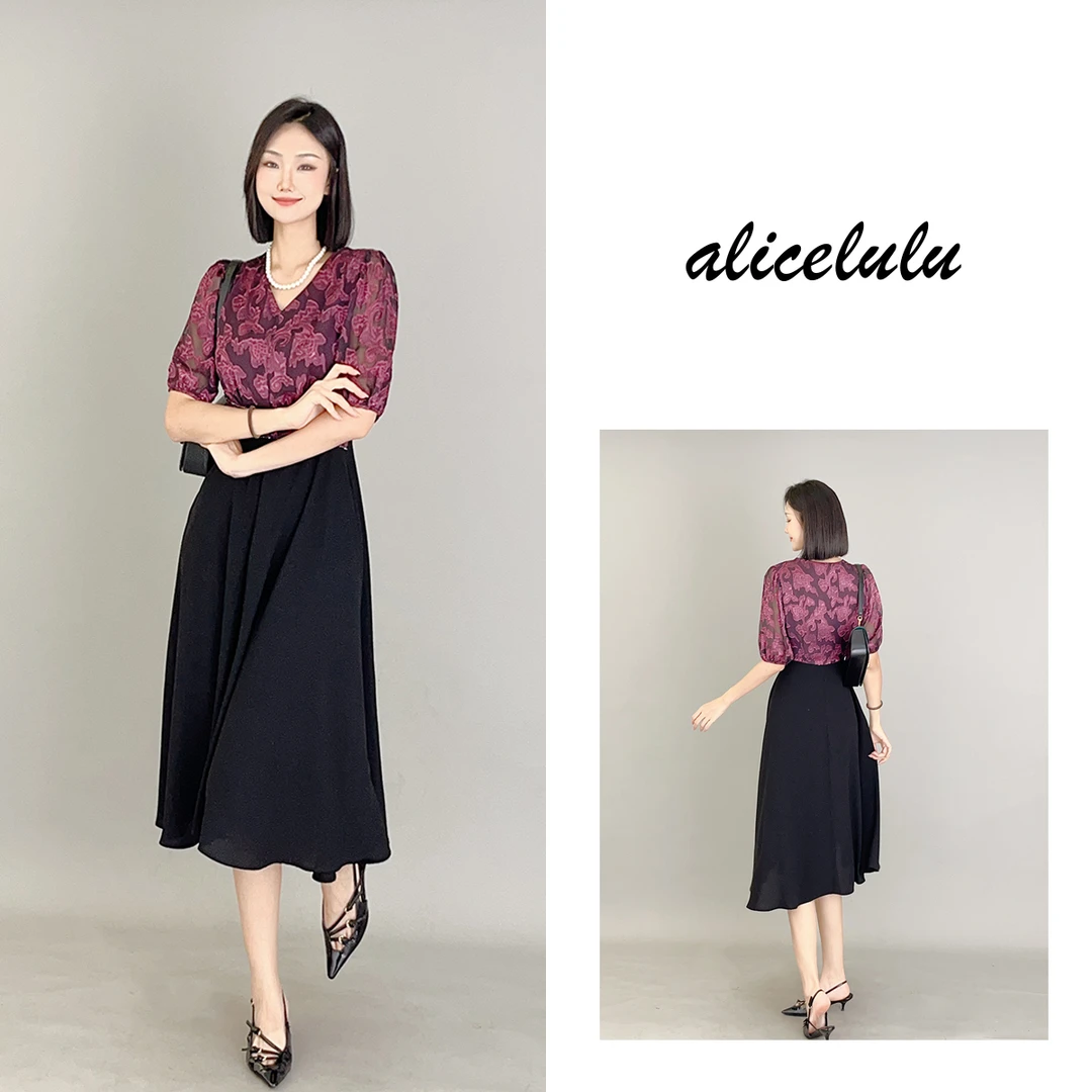 1alicelulu“花姿舒展”连衣裙 优雅撞色 腰间钉钻 S2138799J