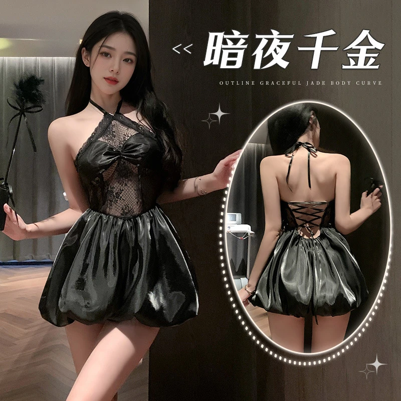 挂脖领短裙制服显瘦森女花苞裙包臀纯色连衣裙欧美