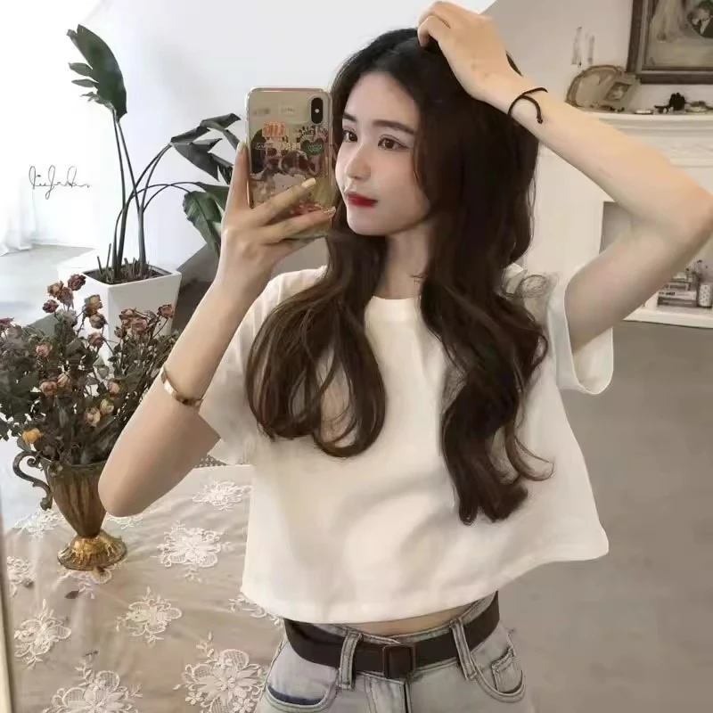 少女感高腰纯棉短袖t恤女夏超火宽松韩版港风小个子短款上衣ins潮