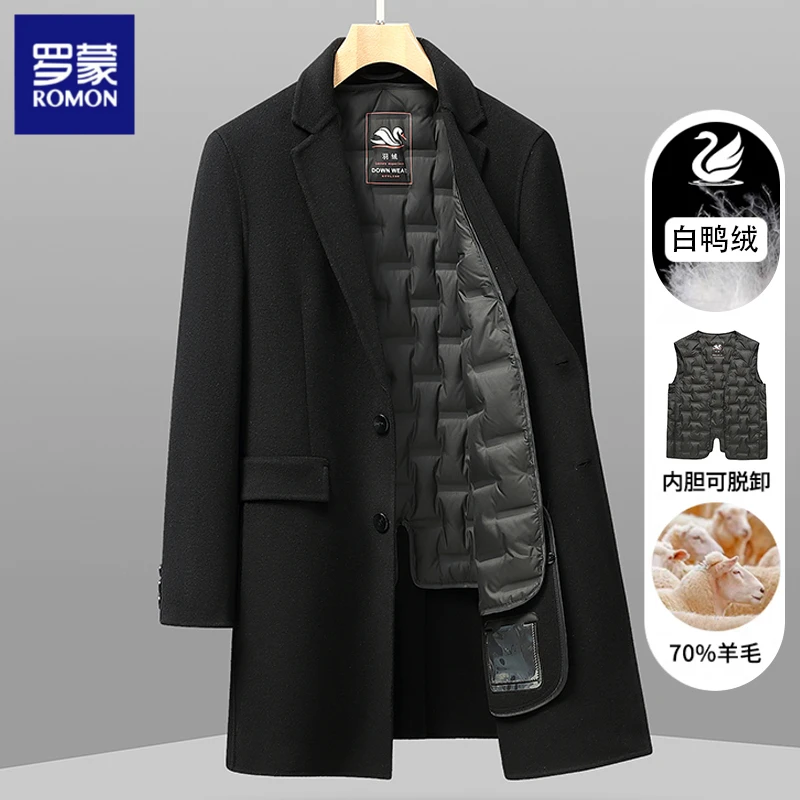 罗蒙羽绒内胆羊毛呢子大衣男双面呢外套大码风衣中长款秋冬季爸爸