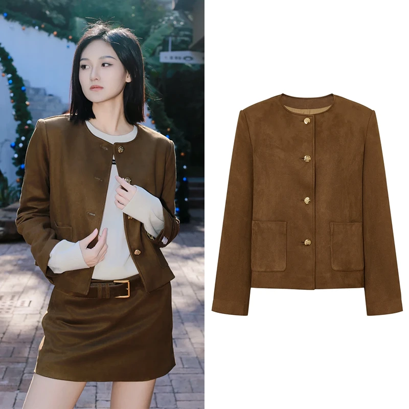 【M】外套2025春新品复古绒面太妃糖色无领短款箱型夹克Z5093