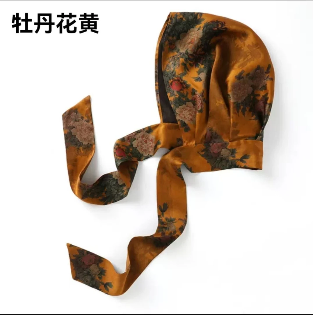 香云纱头巾帽子遮白发飘带帽桑蚕丝睡帽真丝三角巾包头防晒丝巾帽