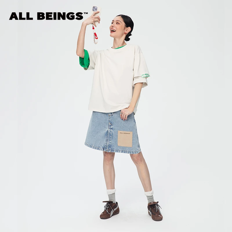 ALL BEINGS25春夏设计师新款翻叠双袖假两件白色休闲时尚T恤