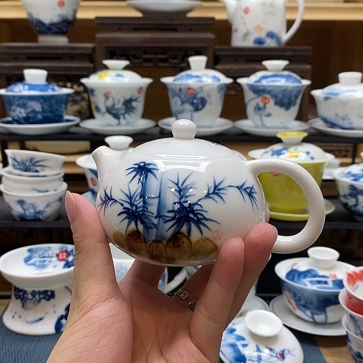 手绘竹子茶壶160釉下彩高温瓷微瑕福利款