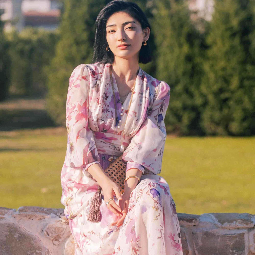 PESARO碎花连衣裙浪漫荷叶边高腰雪纺裙女装气质国风4109-2058