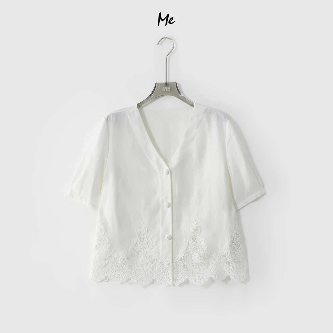 ME【浮花伊人】天丝亚麻混纺浮雕刺绣透气显瘦时尚百搭上衣MESS6145
