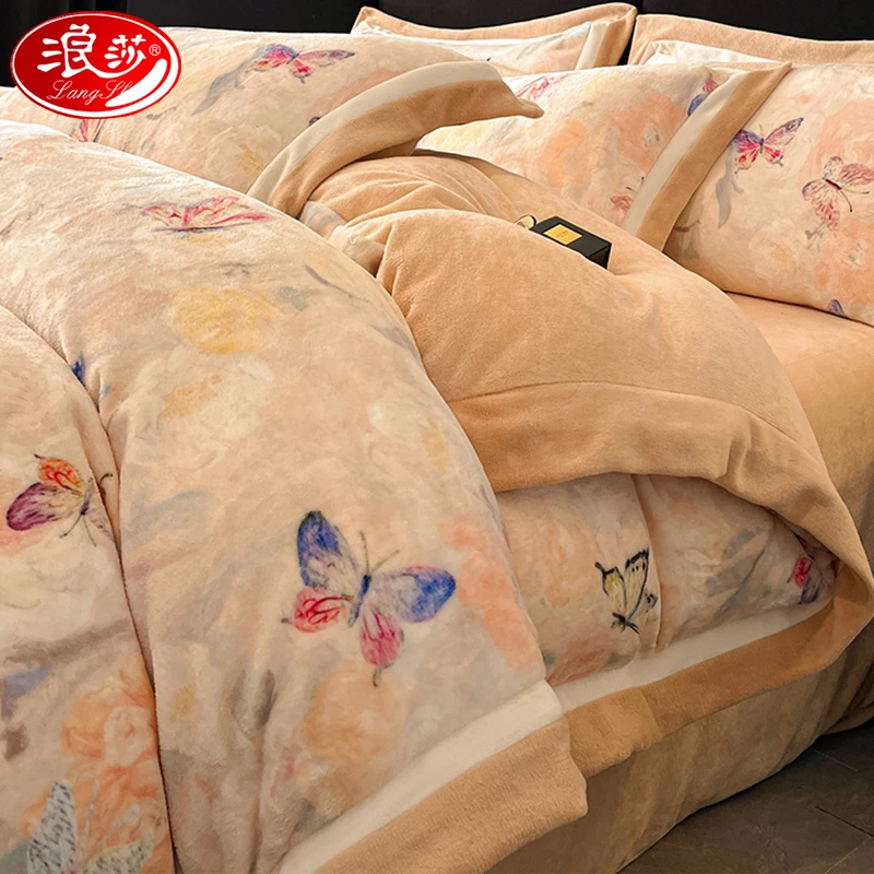 浪莎新款冬加厚高克重牛奶绒四件套双面绒加绒床单床笠被套珊瑚绒