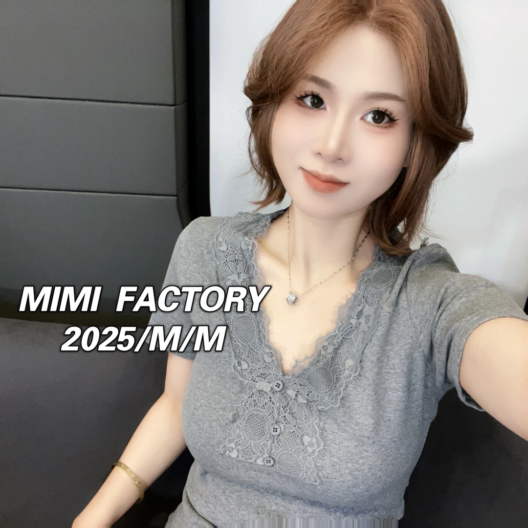芈芈 2025新款短袖 V领蕾丝领口设计短袖T恤女时尚修身上衣2635#