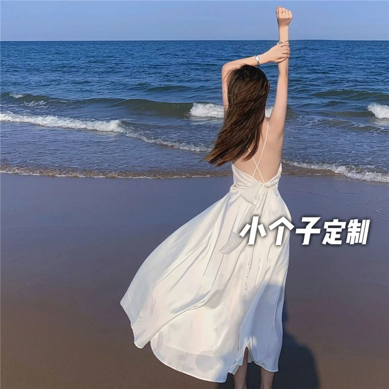 150小矮个子露背超仙吊带连衣裙女夏收腰a字中长款海边度假沙滩裙