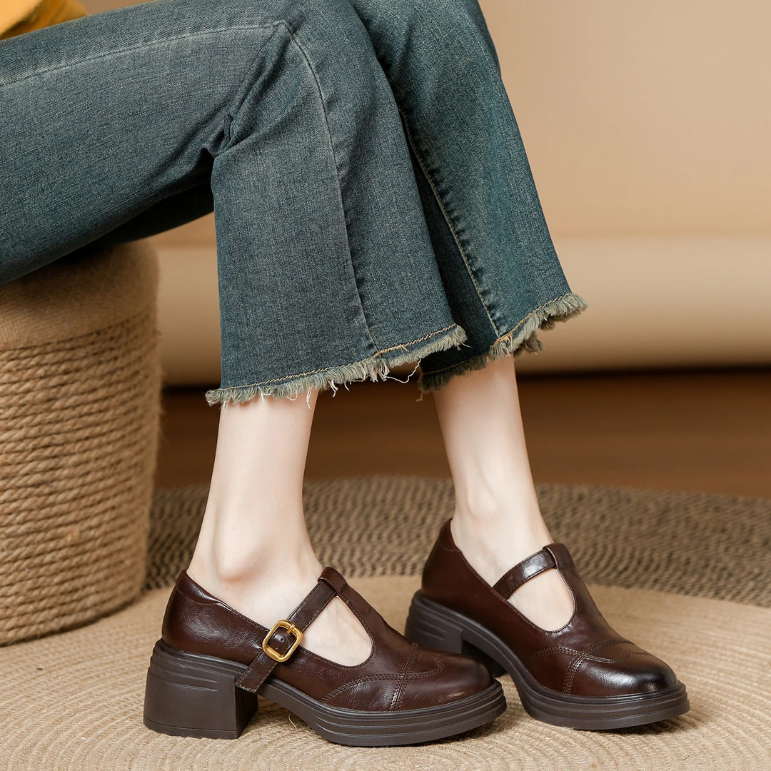 法式单鞋春秋圆头高跟鞋粗跟真皮乐福鞋女款爆款2025新款乐福鞋