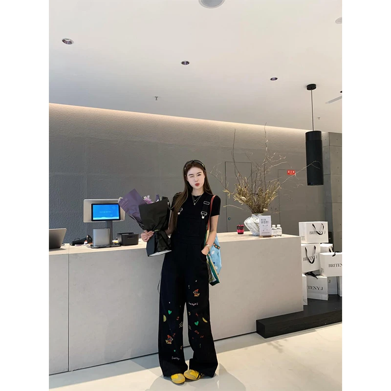 设计感小众修身短袖上衣女2025新款宽松泼墨印花阔腿休闲背带长裤