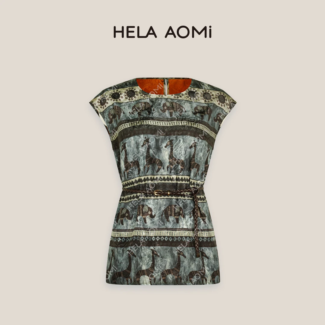HELA AOMI“墨萱”桑蚕丝国风圆领复古印花宽松坎肩衬衫CY5BB11636
