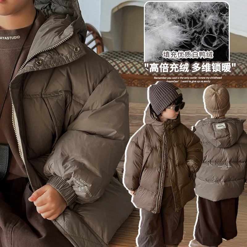 《新年战衣》韩系中长款男童女童字母连帽羽绒服冬装24DW627外套