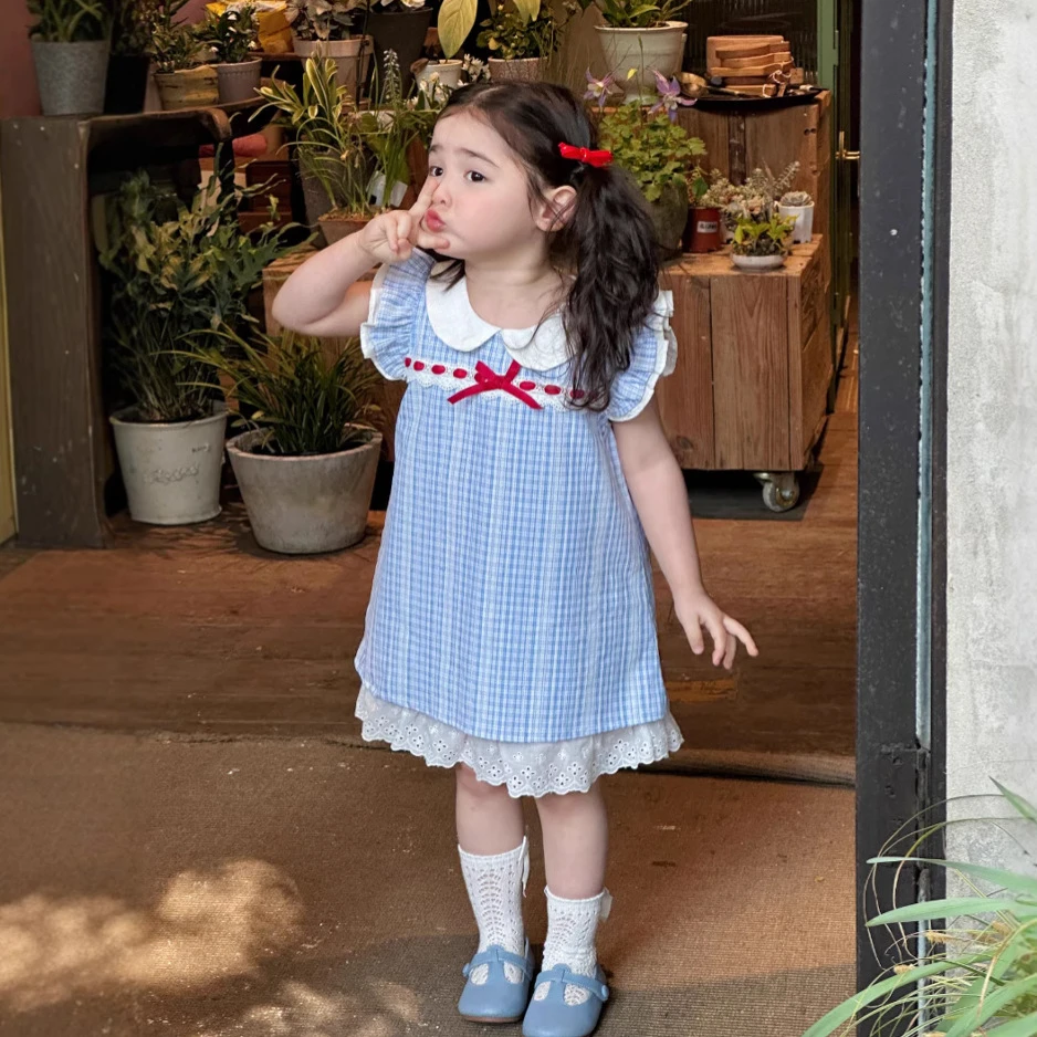 现货女童夏装baby蓝格子连衣裙童装中小童蝴蝶结无袖娃娃领背心裙