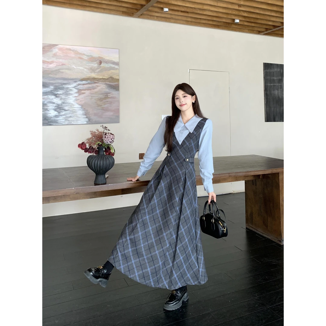 秋冬新款收腰连衣裙法式衬衫拼接菱形格气质连衣裙大码格纹a字裙