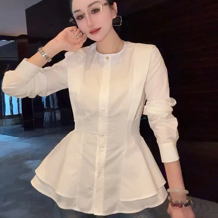 法式气质圆领长袖收腰显瘦设计感秋季高级感轻奢衬衫女