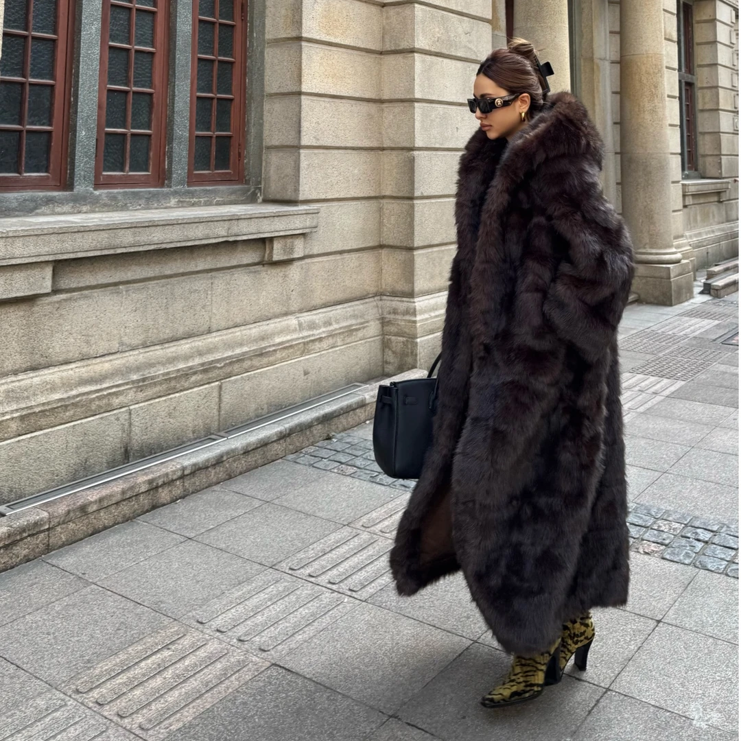 代斯定制款欧美风带帽毛毛外套