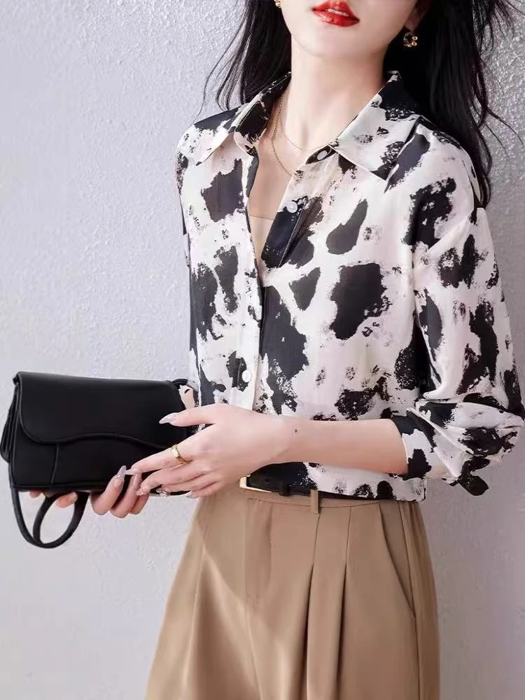 小衫女士夏季碎花真丝衬衫显瘦常规袖印花豹纹气质长袖百搭