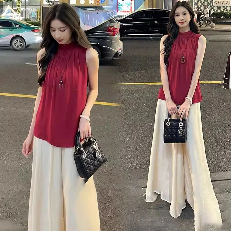 时尚套装女2025夏季新款洋气质显瘦无袖露肩背心上衣阔腿裤两件套