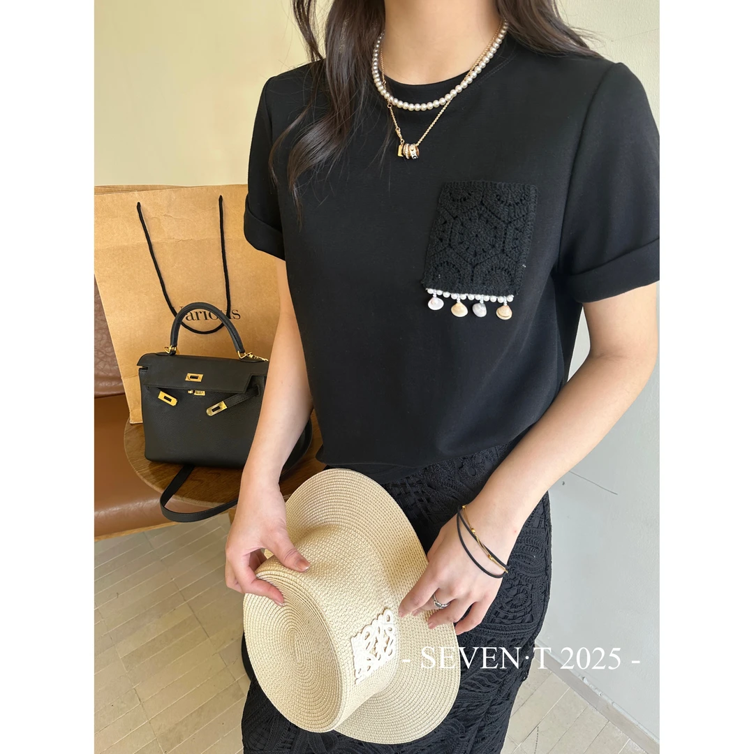 KIKI严选：92283-YFX家欧货南油春夏贝壳蕾丝口袋短袖T恤上衣