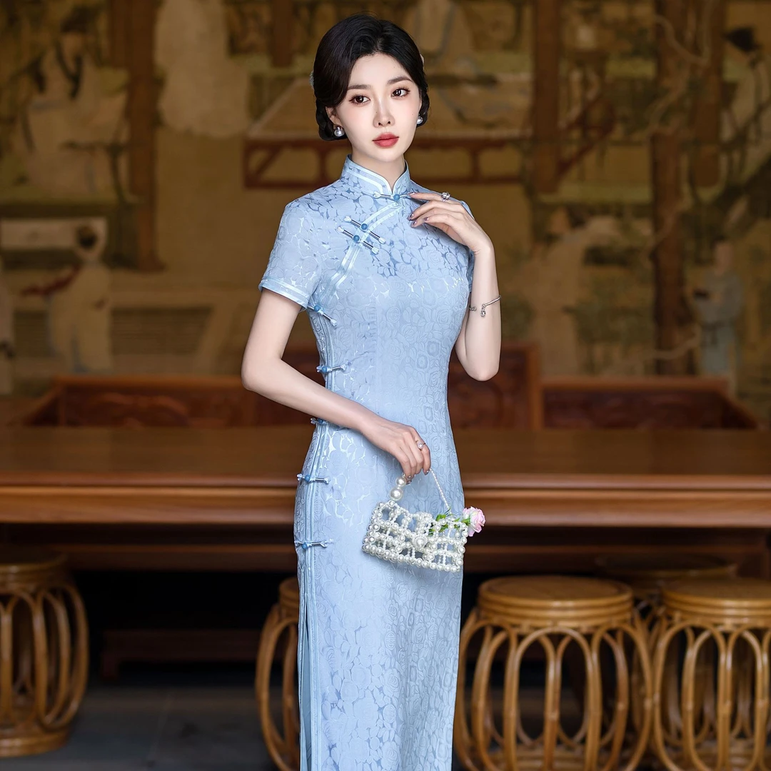 2025夏季新款浅蓝亲肤高级提花中国风缎丝旗袍手工长款气质显瘦