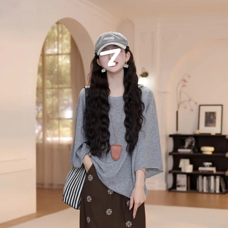 灰色七分袖防晒T恤女2025夏季新款韩版宽松显瘦打底洋气时尚上衣