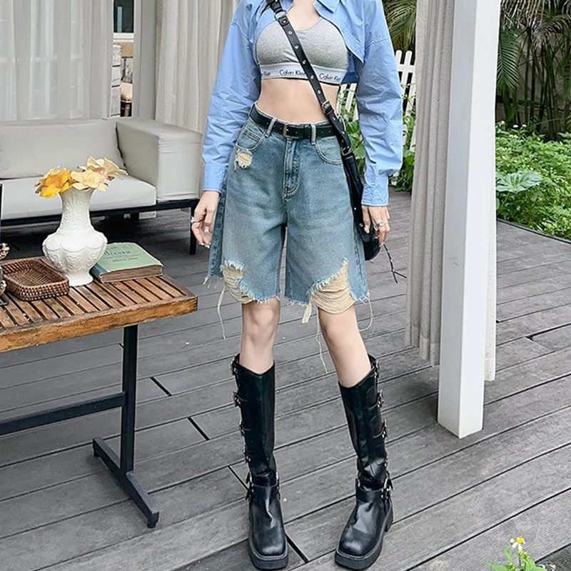 拉夏贝尔潮流破洞牛仔短裤女夏美式洋气炸街中裤子高腰显瘦阔腿裤