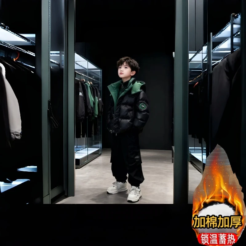 宇轩童男童2025中大童加厚冬款爆款连帽压线纯色长袖棉衣新3