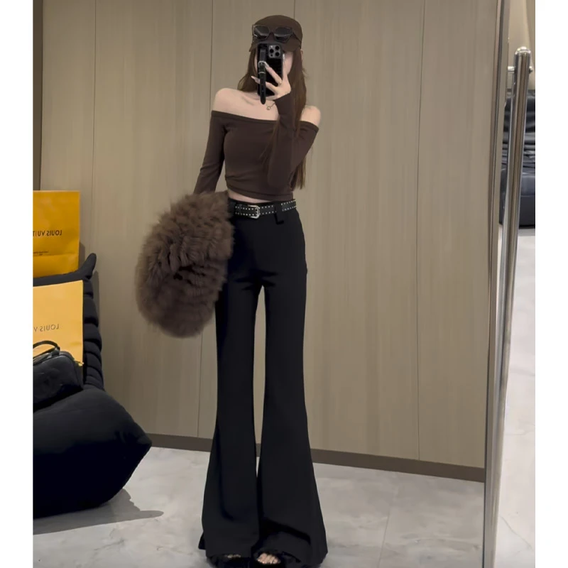 欧货轻熟风黑色喇叭裤女春秋新款高腰修身垂感人鱼超模裤休闲长裤