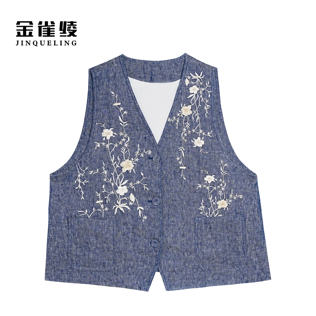 金雀绫【小丛山】100亚麻刺绣工艺复古女装大码马夹SZA1T182